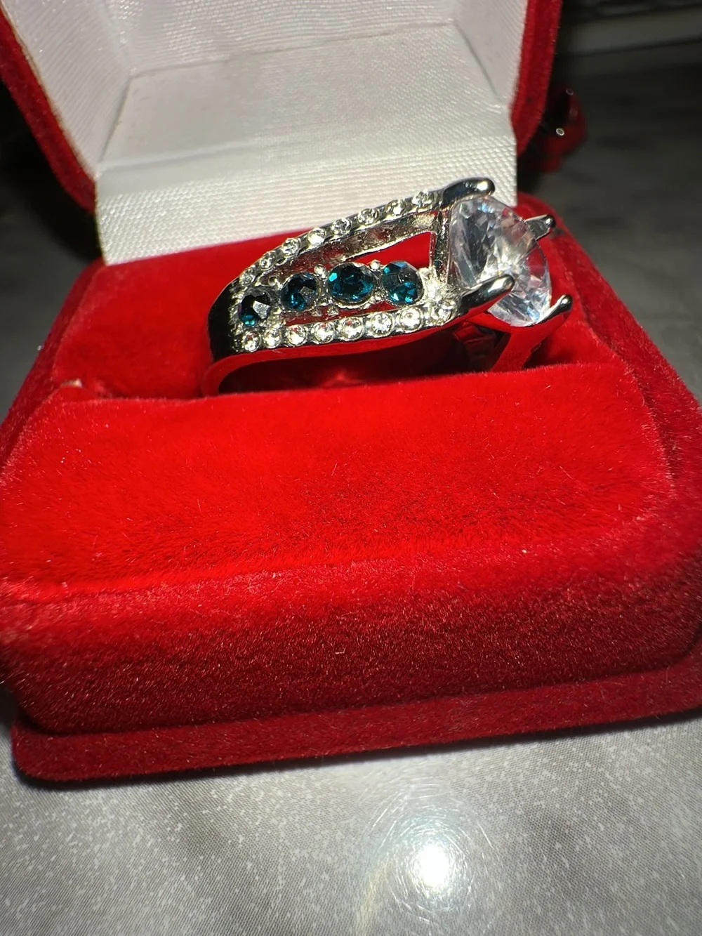Silver-Tone Clear Crystal Statement Ring with Teal Accents